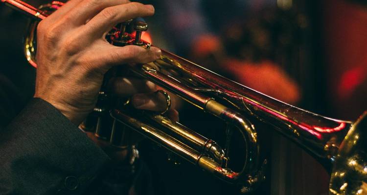 Gros plan d'un musicien jouant de la trompette.