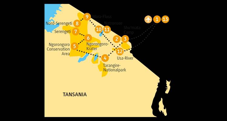 Map showing a travel route in Tanzania.