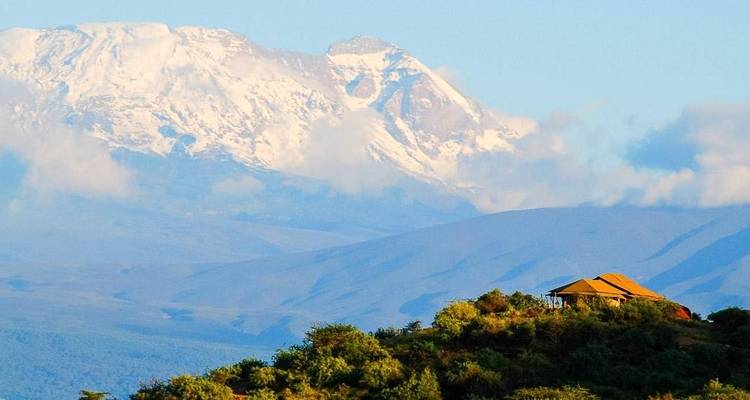 Mount Kilimanjaro seen in the distance with lush greenery.