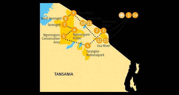 Eine Karte, die verschiedene Orte in Tansania und Kenia zeigt.