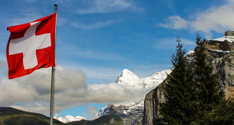 Bandera suiza ondeando en un entorno alpino con pico cubierto de nieve y árboles de hoja perenne