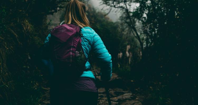 Persoon met een rugzak die wandelt in een donker, bebost gebied.