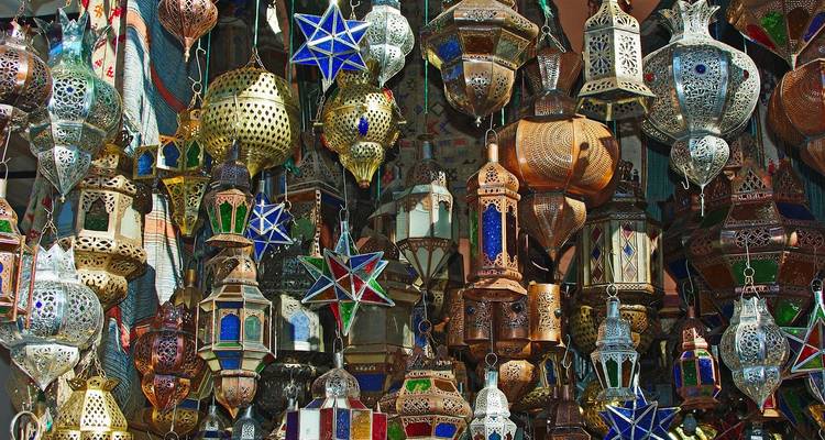 A market stall showcasing a variety of ornate lanterns.