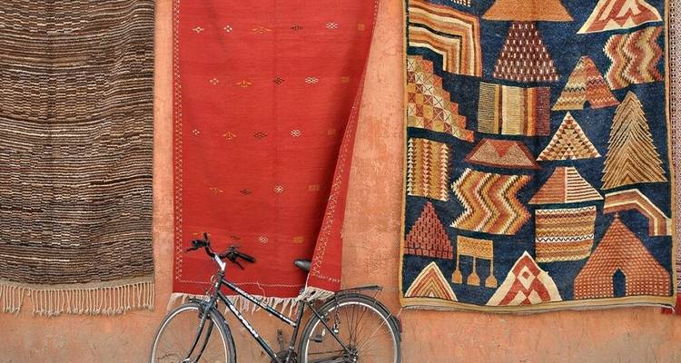 Bicicleta apoyada contra una pared con alfombras colgantes.