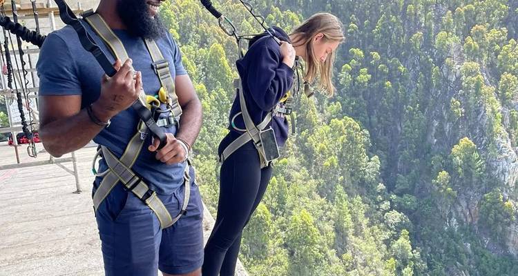 Deux personnes en harnais se tiennent sur une plateforme de saut à l'élastique haut au-dessus d'une gorge verdoyante luxuriante, se préparant à sauter.