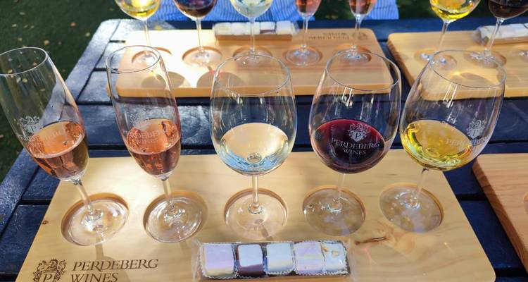 Un plateau de dégustation en bois présente une gamme de vins Perdeberg avec des échantillons colorés de rosé, de blanc et de rouge accompagnés de friandises au nougat.