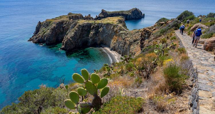 Sentier de randonnée le long d'une côte rocheuse avec des cactus et une eau bleue claire.