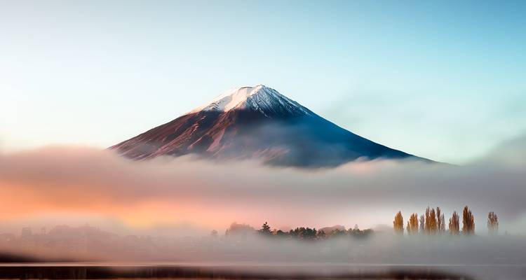 Der Fujisan mit einer Wolkenschicht und Farben der Morgendämmerung.