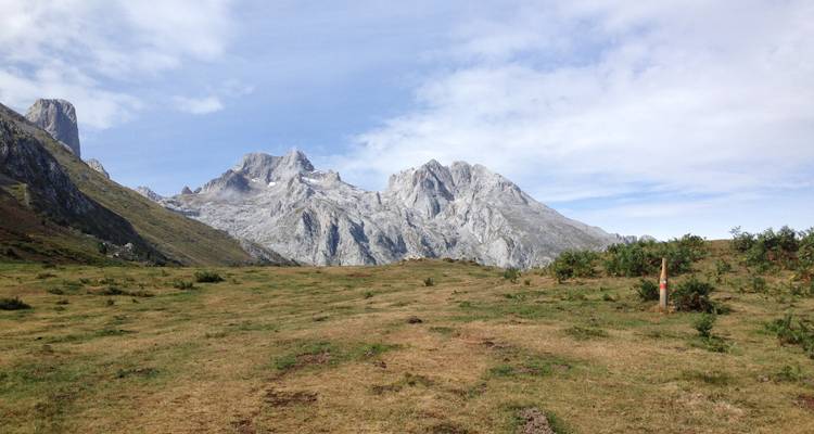 Prairie avec des montagnes en arrière-plan et un ciel partiellement nuageux.