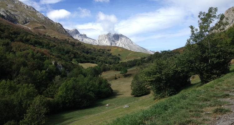Des collines ondulantes avec des montagnes au loin et quelques nuages.
