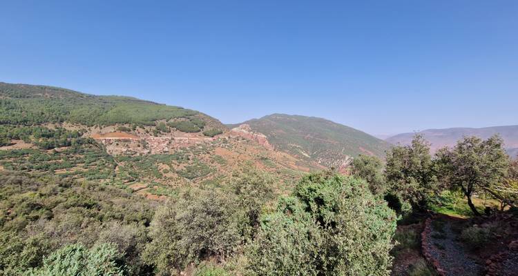 Vue panoramique de montagnes arides et de vallées luxuriantes.