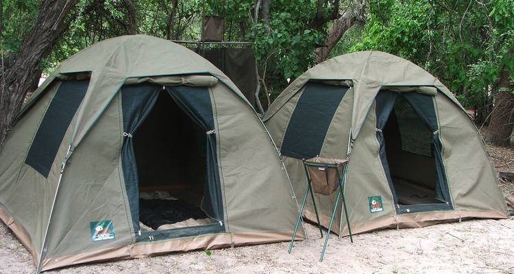 Twee khaki canvas koepeltenten opgezet op een schaduwrijke camping in het bos.