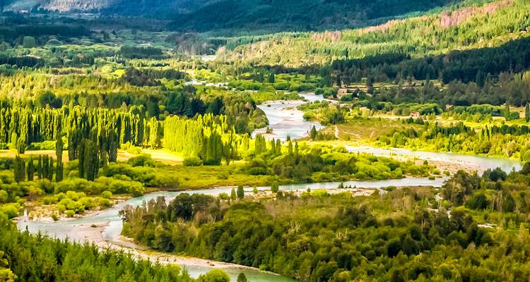 Paysage verdoyant luxuriant avec rivière sinueuse.