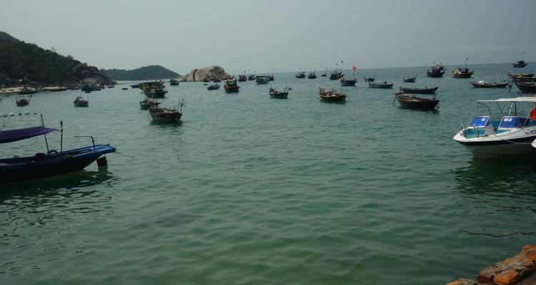 Vissersboten op kalm groen water nabij een rotsachtige kustlijn.