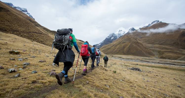 Group of hikers walking towards snow-capped mountains.