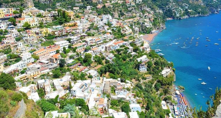Bird's eye view of the coastal town of Positano, Italy.