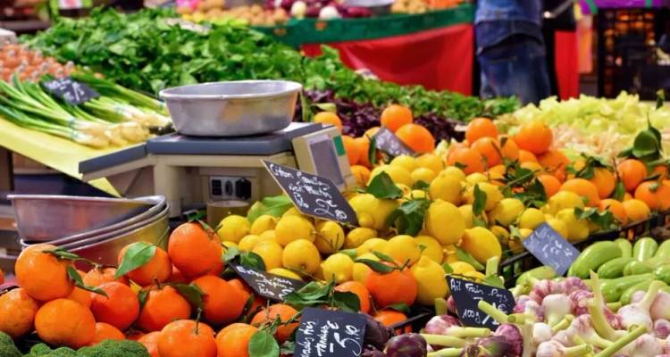 Levendige marktstand vol met verse citrusvruchten, knoflook, groenten en handgeschreven prijskaartjes.