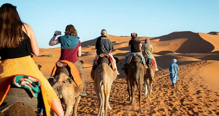 Camel caravan traversing desert dunes.