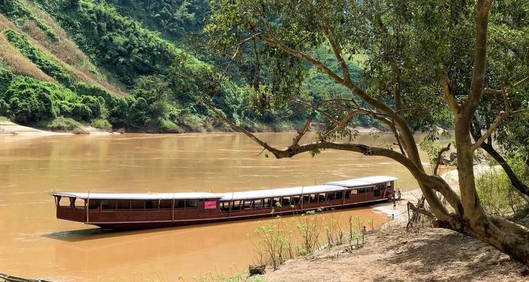Long boat moored by a tree-lined riverbank.