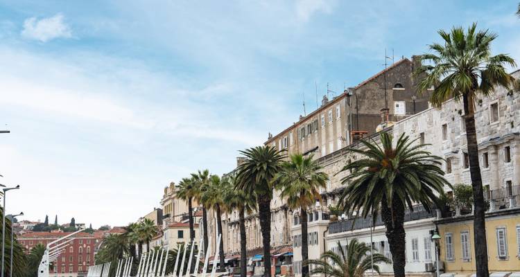 Promenade de la Riva à Split, bordée de palmiers et encadrée par des bâtiments historiques en calcaire sous un ciel bleu.