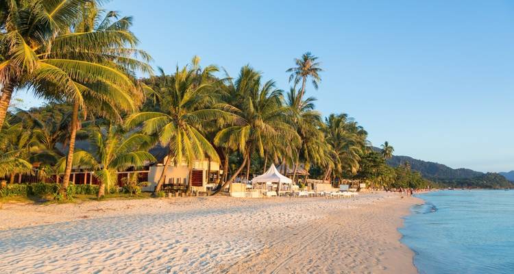 Tropisch strand met palmbomen en gebouwen, heldere lucht