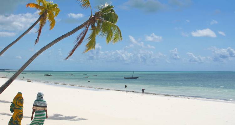 Sandstrand mit Palmen und Meerblick.