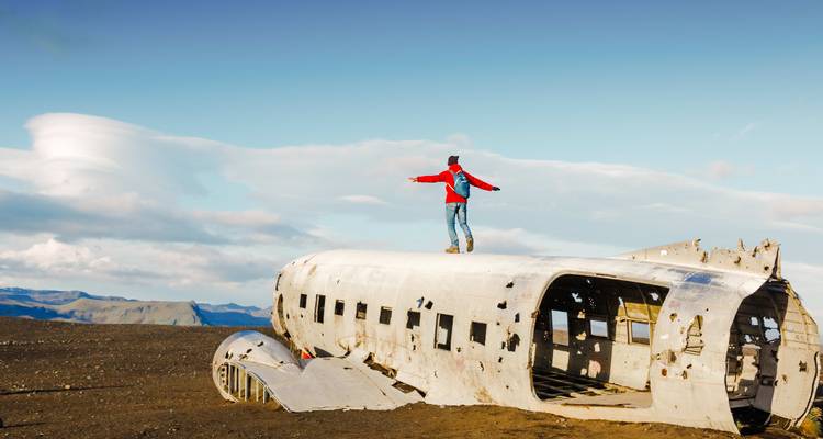 Person standing on a plane wreck surrounded by a barren landscape.