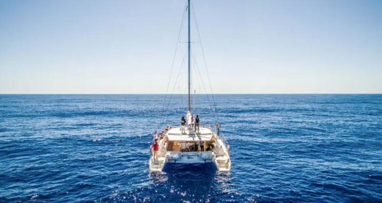 Catamaran naviguant sur un océan bleu clair avec des personnes sur le pont.
