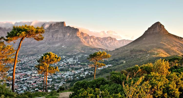 Landschaftsblick auf Berge und Stadt mit Bäumen im Vordergrund.