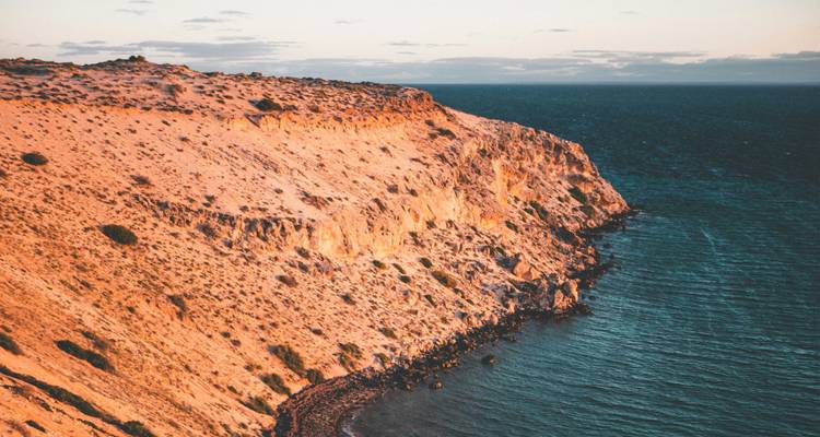 Falaise côtière surplombant l'océan au coucher du soleil avec un éclairage chaleureux.