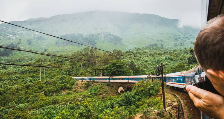 Trein die door weelderig groen landschap met bergen rijdt.