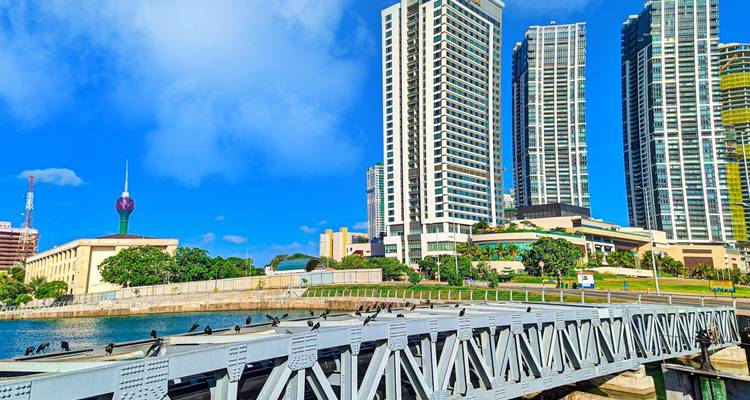 Cityscape with tall modern buildings and a bridge