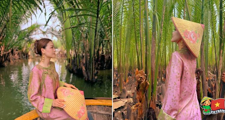 Deux portraits différents d'une femme en tenue traditionnelle dans un cadre luxuriant.