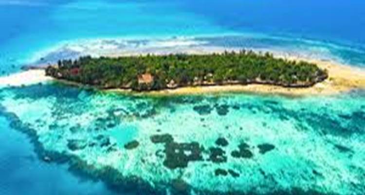 Luftaufnahme einer kleinen Insel, umgeben von seichtem blauem Wasser