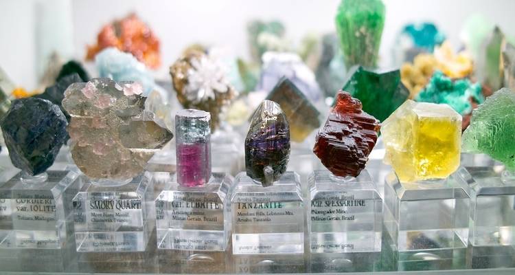 Verzameling van mineraalspecimens tentoongesteld op gelabelde standaards.