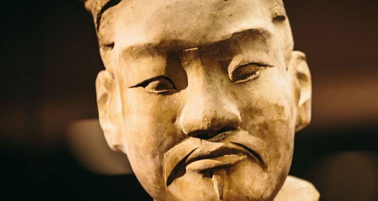 Museum close-up of terracotta warrior head showing ancient detail.