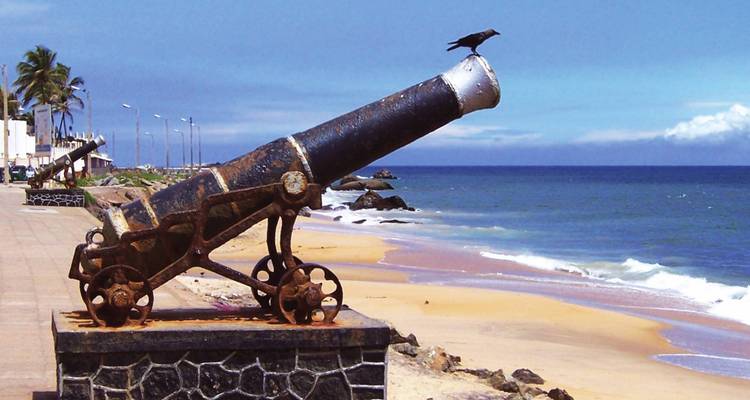 Alte Kanone mit Blick auf den Strand, auf der eine Krähe sitzt