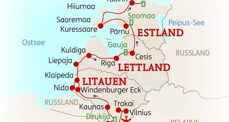 Kaart die de reisroute door verschillende landen toont.