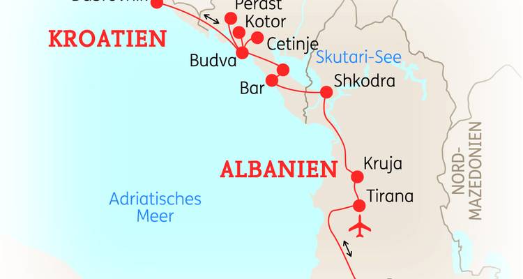 Carte représentant les routes à travers l'Albanie et le Monténégro.