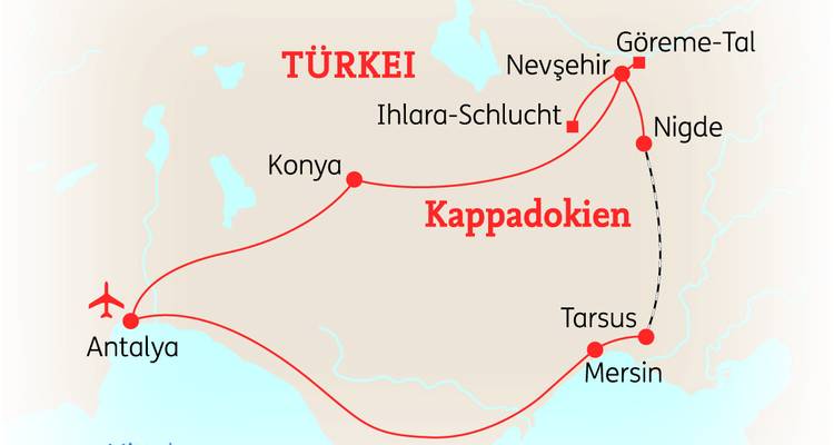 Kaart die een reisroute in Turkije illustreert, met de nadruk op Antalya, Konya en andere steden.