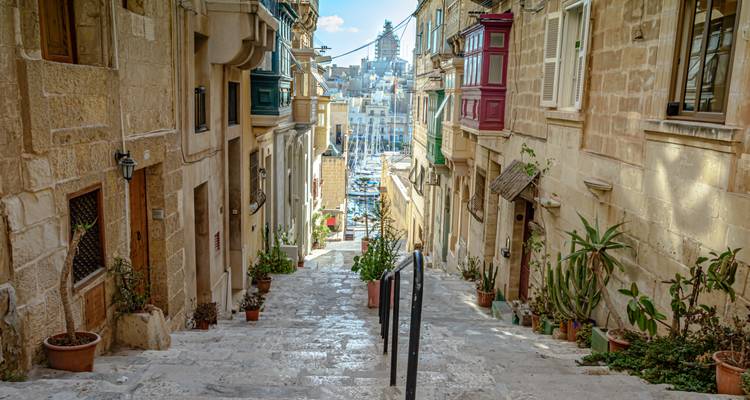 Narrow stone stairway in Valletta bordered by traditional balconies and potted plants.