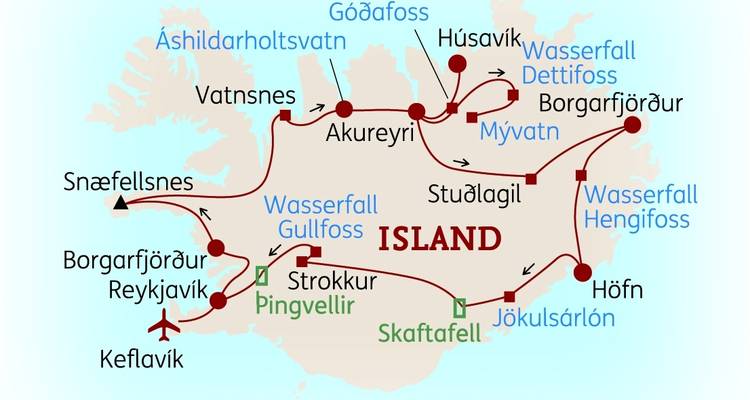 Map of Iceland with travel routes and key destinations.