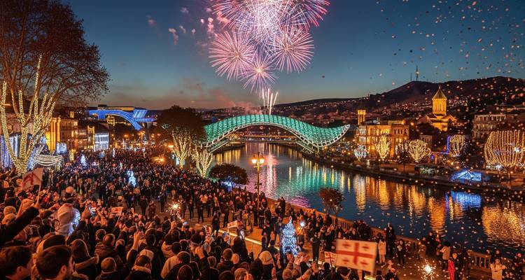 A vibrant festival with fireworks and a crowded gathering.
