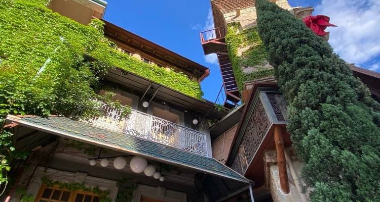 Bâtiment historique couvert de lierre avec une tour.