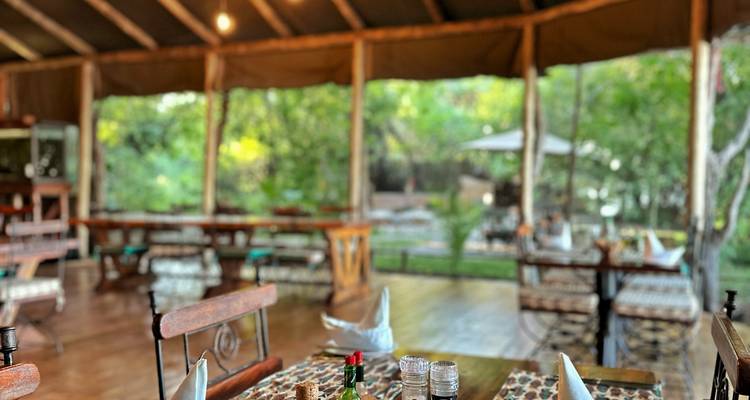 Coin repas avec vues panoramiques sur l'extérieur, dressage de table rustique dans un pavillon.