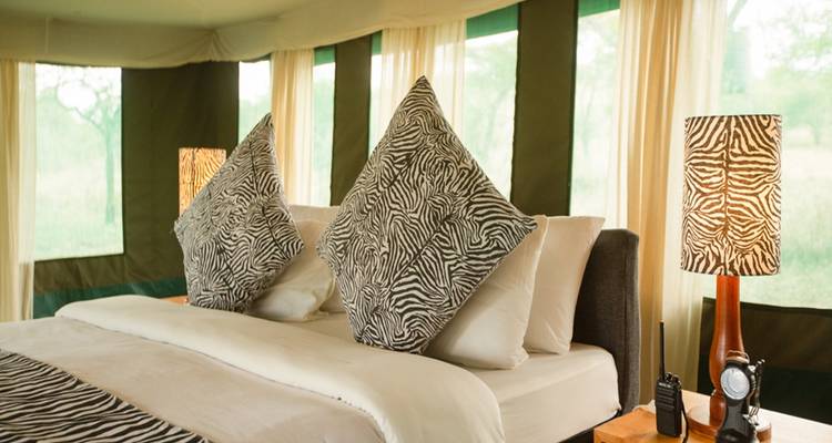 Inneres eines Zeltes mit einem Bett und Zebra-gemusterter Dekoration.