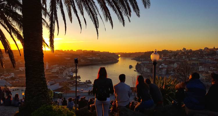 La gente observa la puesta de sol sobre el río Duero y la ciudad de Oporto desde una terraza con sombra de palmeras.