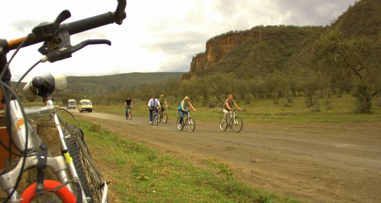 Radfahrer fahren durch einen Naturpark mit Klippen.