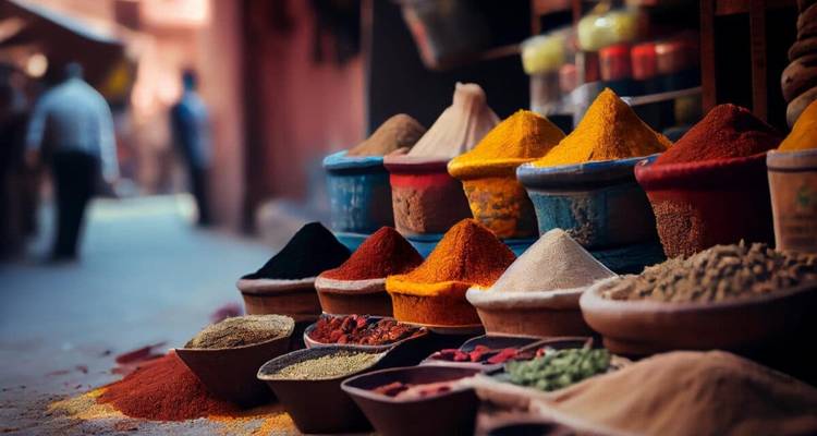 Lebendige Gewürzpräsentation auf einem Markt in Marrakesch.