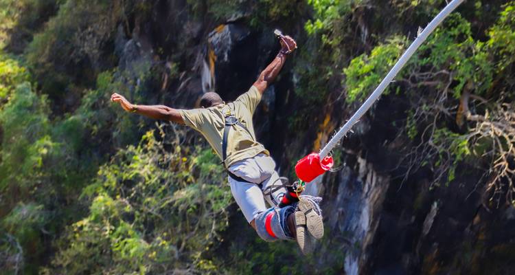 Een avonturier springt vanaf een platform af in een spannende bungeejump boven een weelderige kloof.